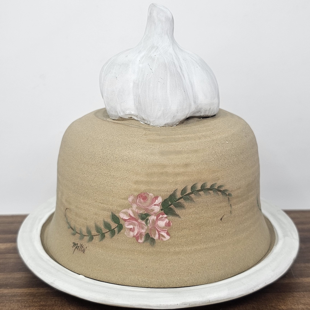 Handmade Ceramic Floral Pottery Garlic Baker Roaster Butter Keeper Signed